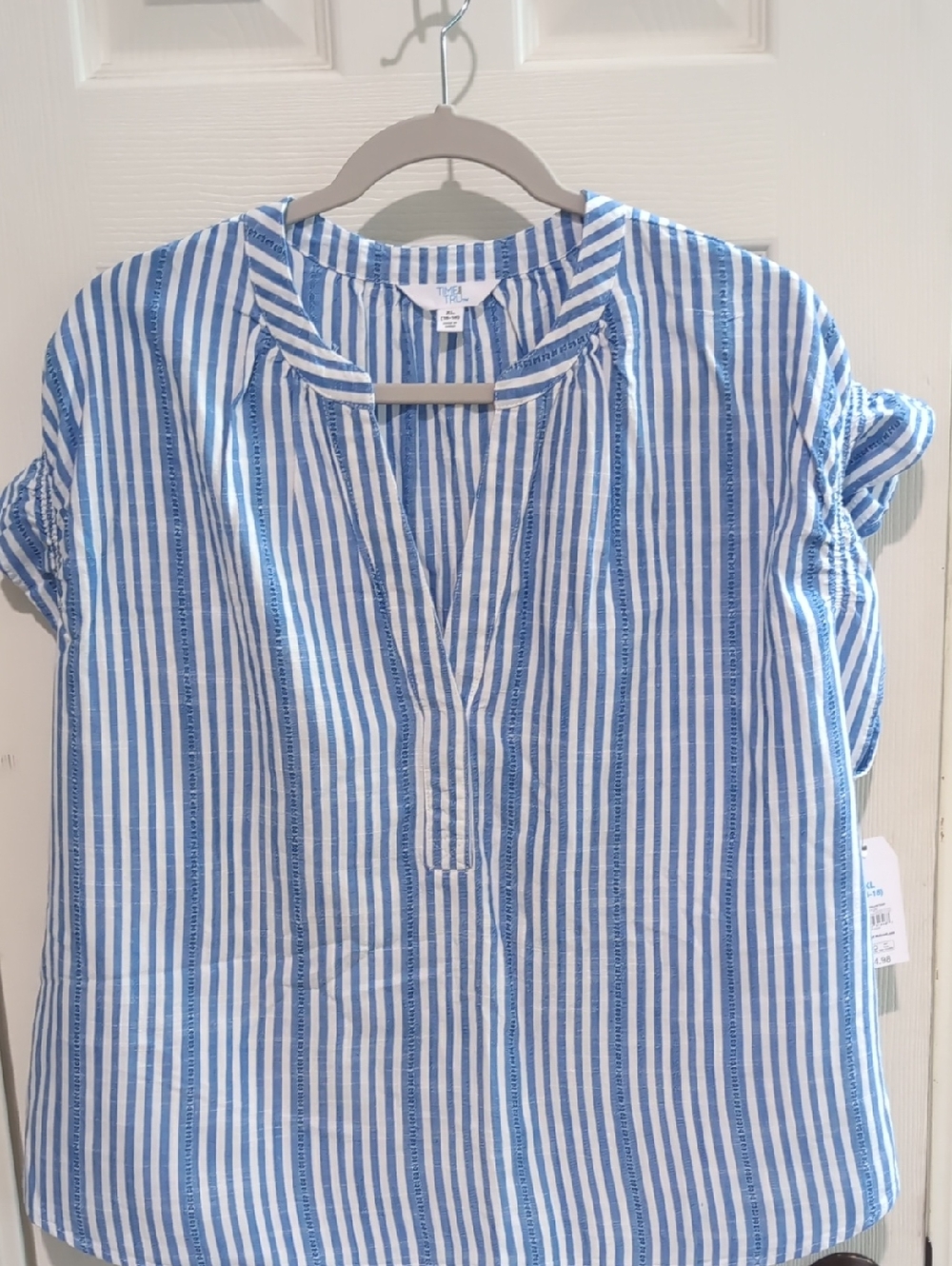 Blue and White Striped V-Neck Popover Top